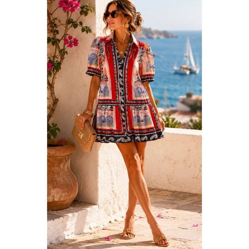 Hunter Bell tuckernuck Leslie Coastal Village Mini Dress, resort Mediterranean d